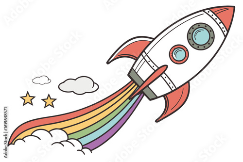Handdrawn rocket with rainbow exhaust and stars