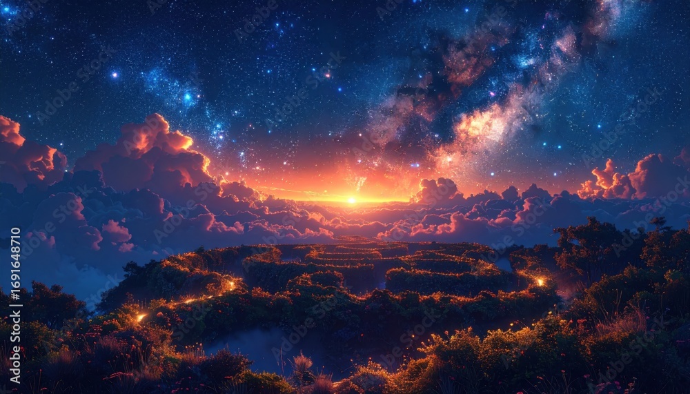 Naklejka premium A vibrant landscape bathed in the glow of a sunrise, with a breathtaking starry sky above a winding path through lush foliage.