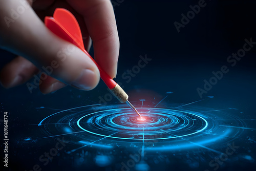 A hand aiming a dart towards a digital target, symbolizing focus, precision, and strategy in achieving goals.