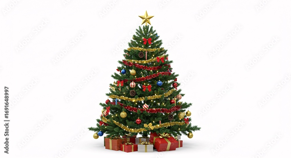 Naklejka premium A beautifully decorated Christmas tree with colorful ornaments and a bright star, isolated on a white background