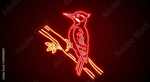 Illuminated woodpecker perched on a branch, depicted with vibrant neon lights against a dark background creates a