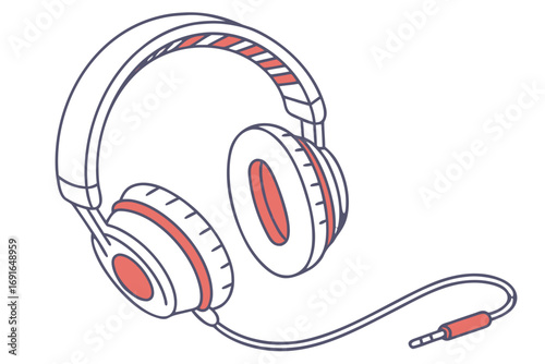 Red and white headphones with cord