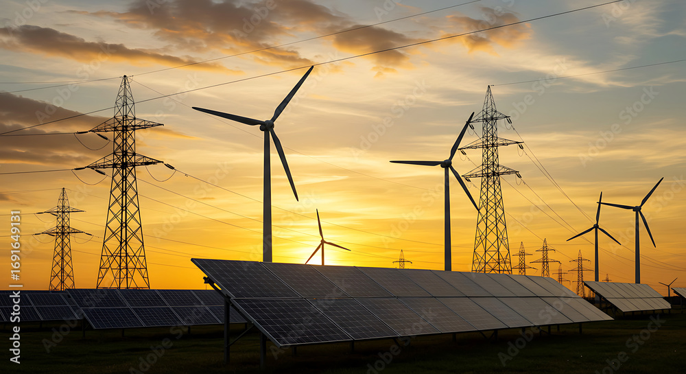 Obraz premium Renewable Energy Farm at Sunset with Wind Turbines and Solar Panels