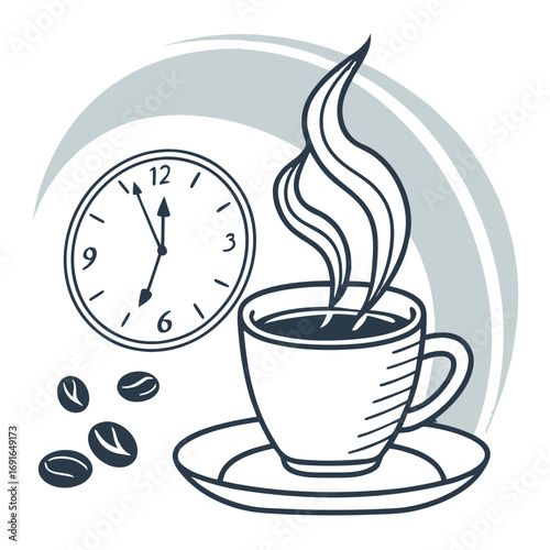 Cup of hot coffee with steam and a clock indicating time
