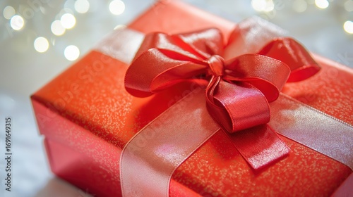 Red gift box with satin ribbon bow on white surface, highlighted by studio lighting for a festive touch.