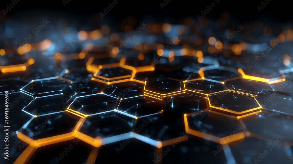 Obraz premium Futuristic hexagonal patterns with glowing lines, showcasing the intersection of technology and design in a digital landscape.