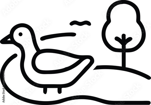 Simple outline illustration of a duck swimming in a pond with a tree nearby