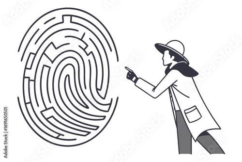 Detective examining fingerprint maze
