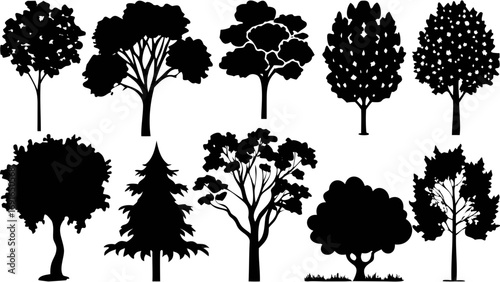 Diverse collection of black tree silhouettes offering natural beauty for any design project