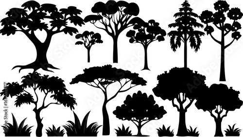 Diverse collection of stylized black tree silhouettes with grassy undergrowth for natural scenes
