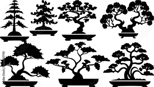 Elegant bonsai tree silhouettes bring serene natural beauty to any modern design project instantly