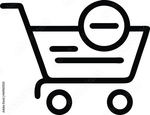 Outline Shopping Cart with Minus Sign Icon, Vector, Isolated on White Background