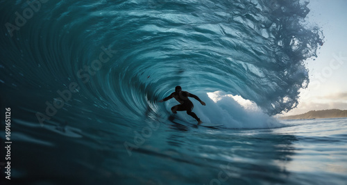Surfer riding a wave inside a barrel during sunset at the beach  