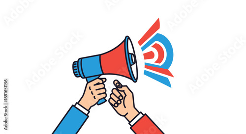 Two hands holding a megaphone to announce or promote something, illustration on a white background, conveying a message or calling attention