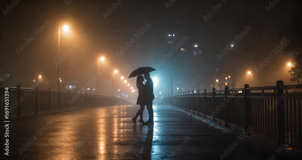 Fototapeta premium Romantic couple embracing under umbrella on rainy night street