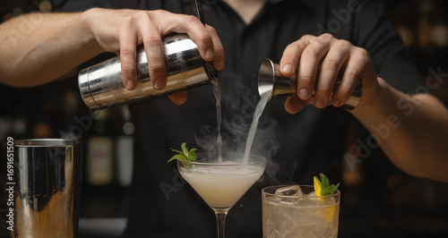 Bartender mixing cocktails with shaker and pouring drinks at bar  