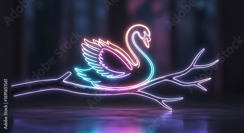 Fototapeta Naklejka Na Ścianę i Meble -  Neon swan perched gracefully on a branch, bathed in luminous hues, symbolizing elegance and digital artistry