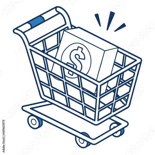 Shopping cart with box and dollar sign