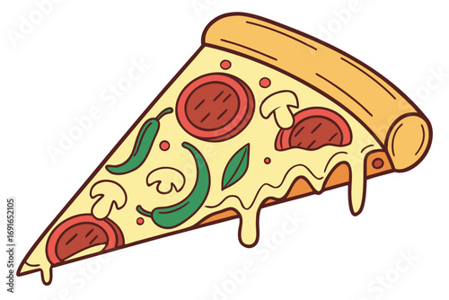 Slice of pizza with pepperoni and vegetables