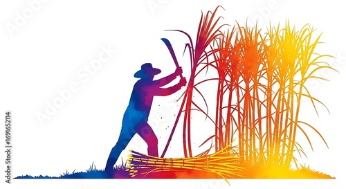 Vibrant sugarcane harvest captures the spirit of agricultural labor with a farmer in silhouette using a machete against a colorful backdrop of tall stalks
