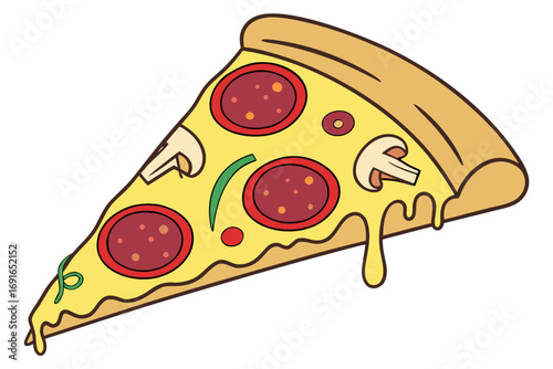 Slice of pizza with pepperoni, mushrooms, and green pepper