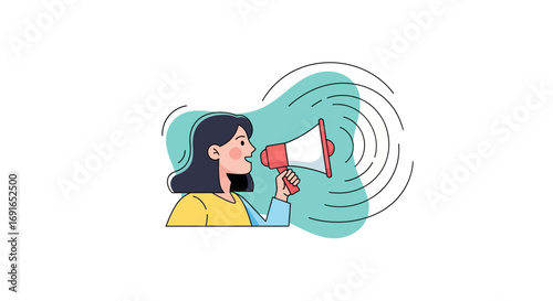 Illustration of a woman speaking into a megaphone, conveying a message of announcement, public speaking, or social activism with radiating sound waves symbolizing communication and outreach