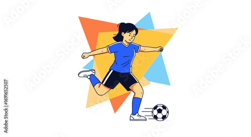 Illustration of a young woman in blue and black sportswear kicking a soccer ball with dynamic abstract shapes in the background symbolizing movement and sport