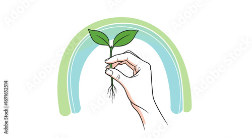 Nurturing a new seedling with roots, held gently in a hand, under a soft, pastel rainbow, symbolizing growth, hope, and new beginnings in a natural, organic, and flourishing environment