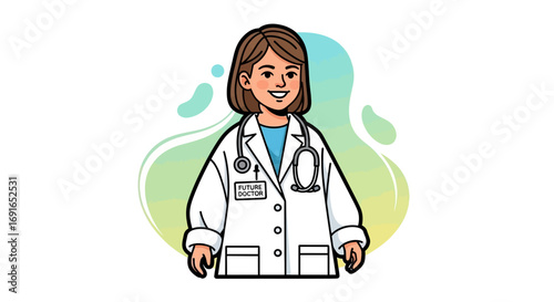 Illustration of a smiling female doctor wearing a white coat and stethoscope, with a colorful, abstract background representing health and wellness