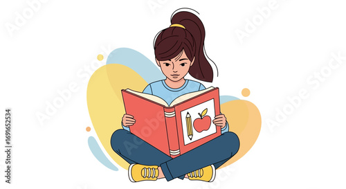 A young girl is sitting cross-legged and engrossed in reading a book, with colorful abstract shapes in the background, symbolizing education and imagination