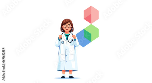 Professional female doctor in a white lab coat with a stethoscope around her neck, standing next to abstract colorful blocks, representing medical care and healthcare solutions