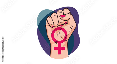 A powerful fist symbolizing female strength and empowerment, featuring the Venus symbol, representing gender equality and feminist movements, advocating for women's rights and social justice