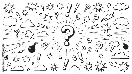 Hand-Drawn Comic Book Elements: Question Marks, Exclamation Points, and Speech Bubbles