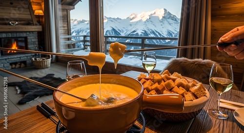 Cozy Mountain Lodge Dining Scene with Cheese Fondue and Scenic Snowy Peaks in Background