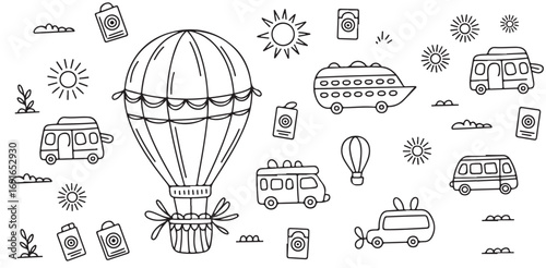 Travel Adventures: Hot Air Balloon & Vehicle Line Art