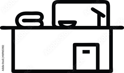Simple outline of a spa bathroom with sink, mirror, and towel