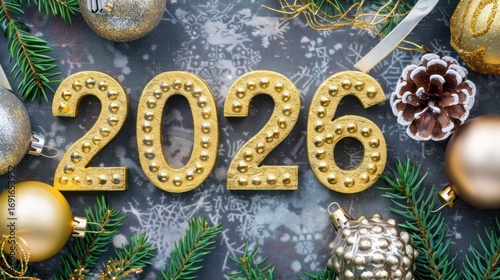Golden 2026 Numbers with Christmas Decorations on Snowflake Background