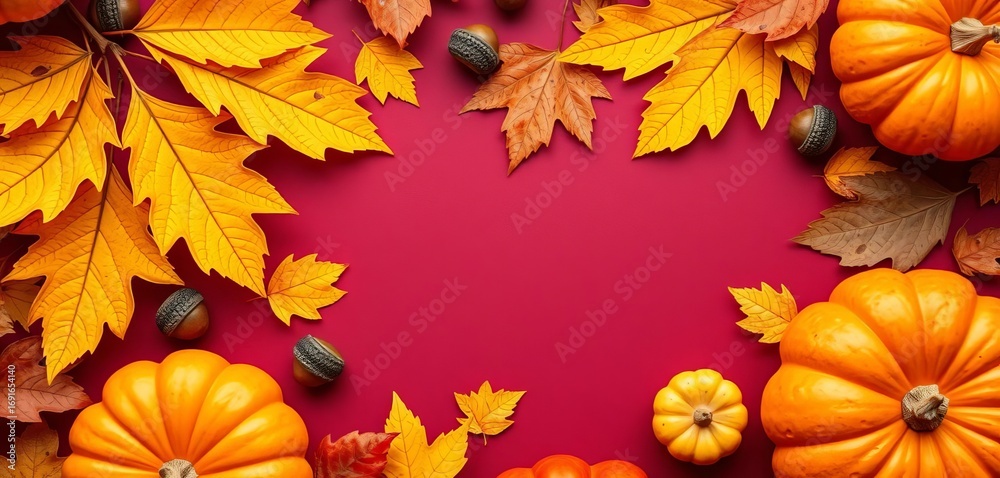 Fototapeta premium Vibrant autumn leaves, acorns, and pumpkins arranged on a rich burgundy background, burgundy, acorn