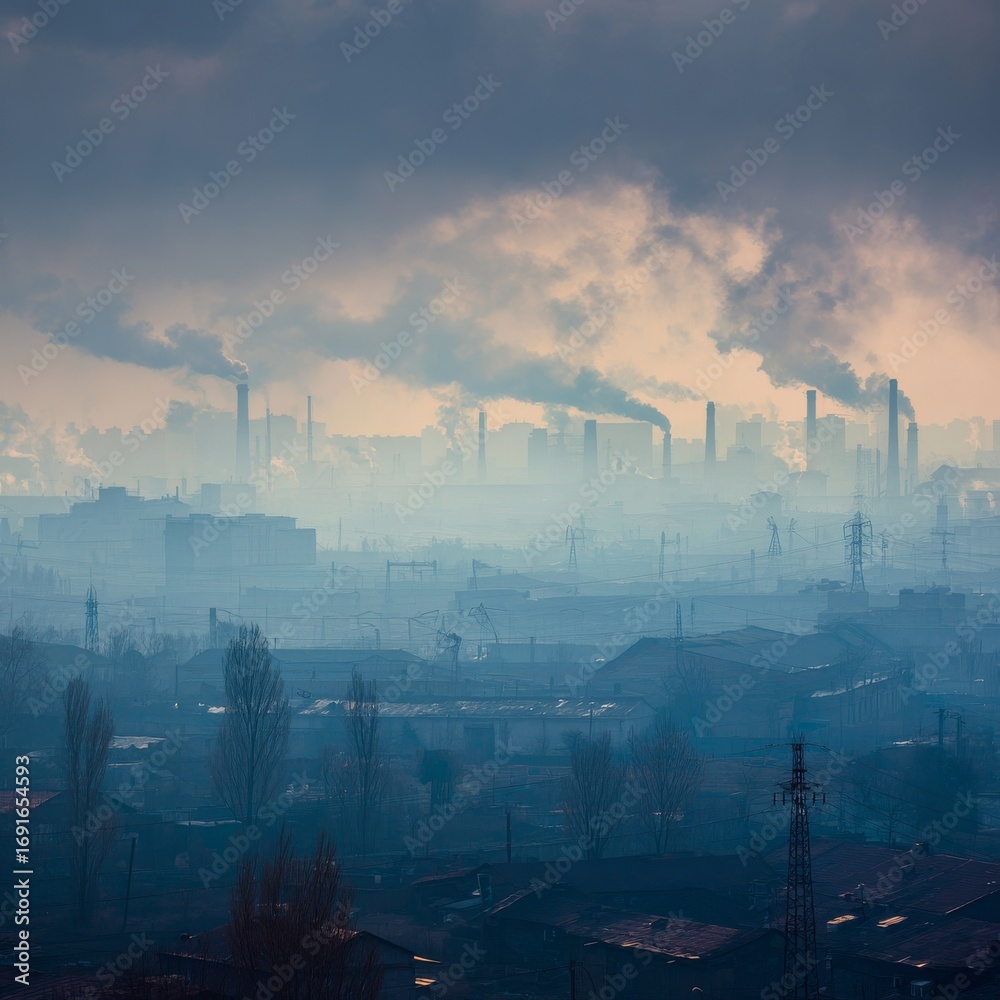 Fototapeta premium Industrial Landscape with Smoky Sky and Pollution Impact in Urban Area