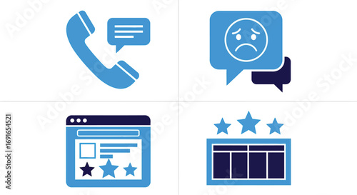 Vector illustration of four blue and white icons representing customer service, feedback, and ratings