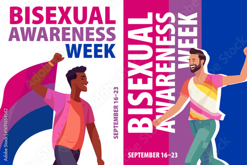 Bisexual Awareness Week poster pack. Vector illustrations with bi man and community flag colors for party, card, event, brochure, placard, social media. Minimalist template cartoon style