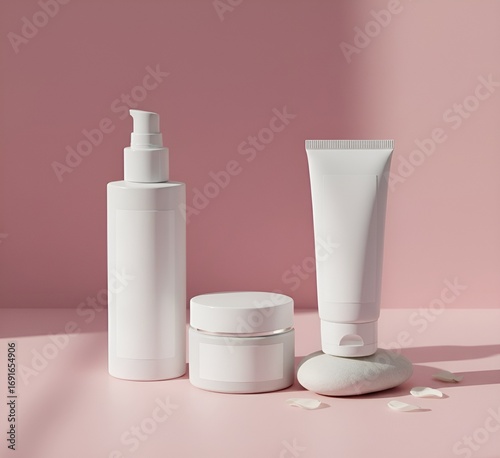 Cosmetic Product Set for Healthcare and Beauty on a Pink Background