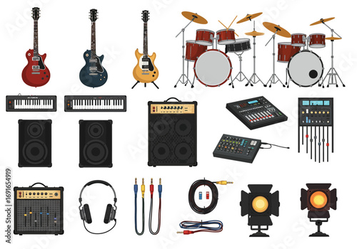 Collection of Musical Instruments and Audio Equipment for Performance and Recording