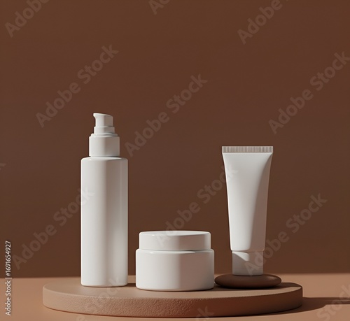 Cosmetic Product Set for Healthcare and Beauty on a Brown Background