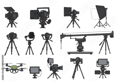 Collection of Professional Film and Video Equipment: Cameras, Lighting, and Drone