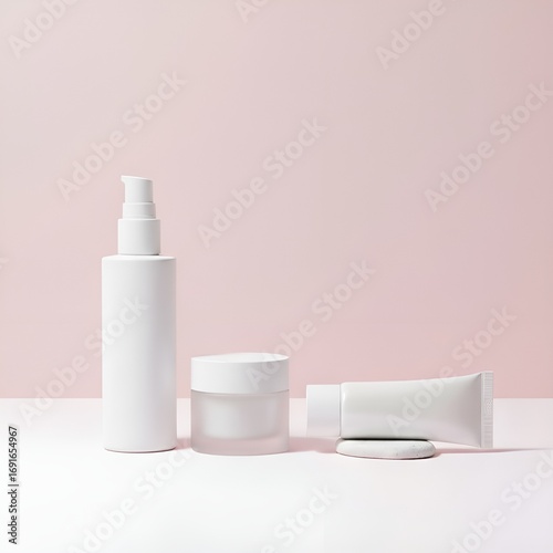 Cosmetic Product Set for Healthcare and Beauty on a Pink Background