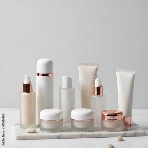 Stylish cosmetics on a gentle backdrop to promote skincare and create a spa-like atmosphere.