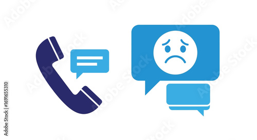 Vector illustration of communication icon with sad face in speech bubble and telephone receiver with message icon
