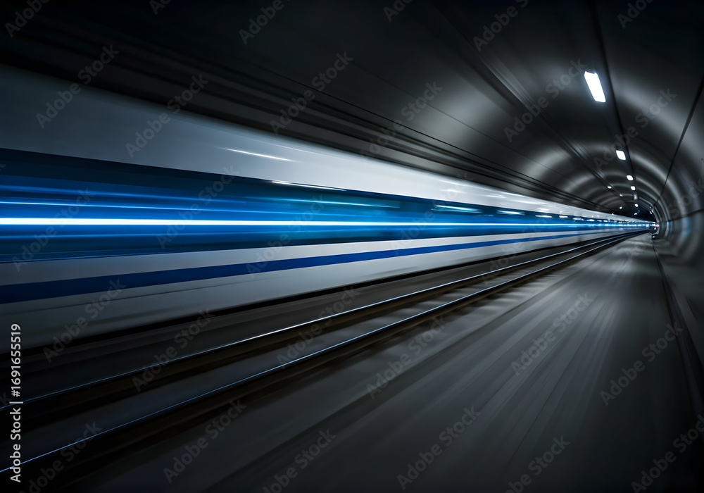 Obraz premium High speed Train Blazing Through a Futuristic Tunnel with Electric Blue Light Streaks