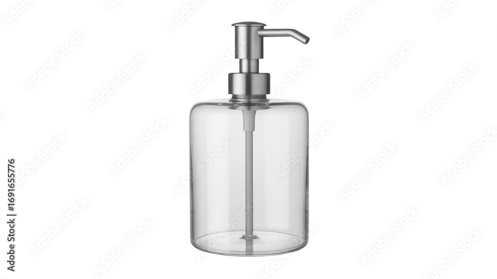 Obraz premium Clear Glass Soap Dispenser with Stainless Steel Pump, Empty Refillable Liquid Bottle for Bathroom and Kitchen Sink, Isolated on White Background